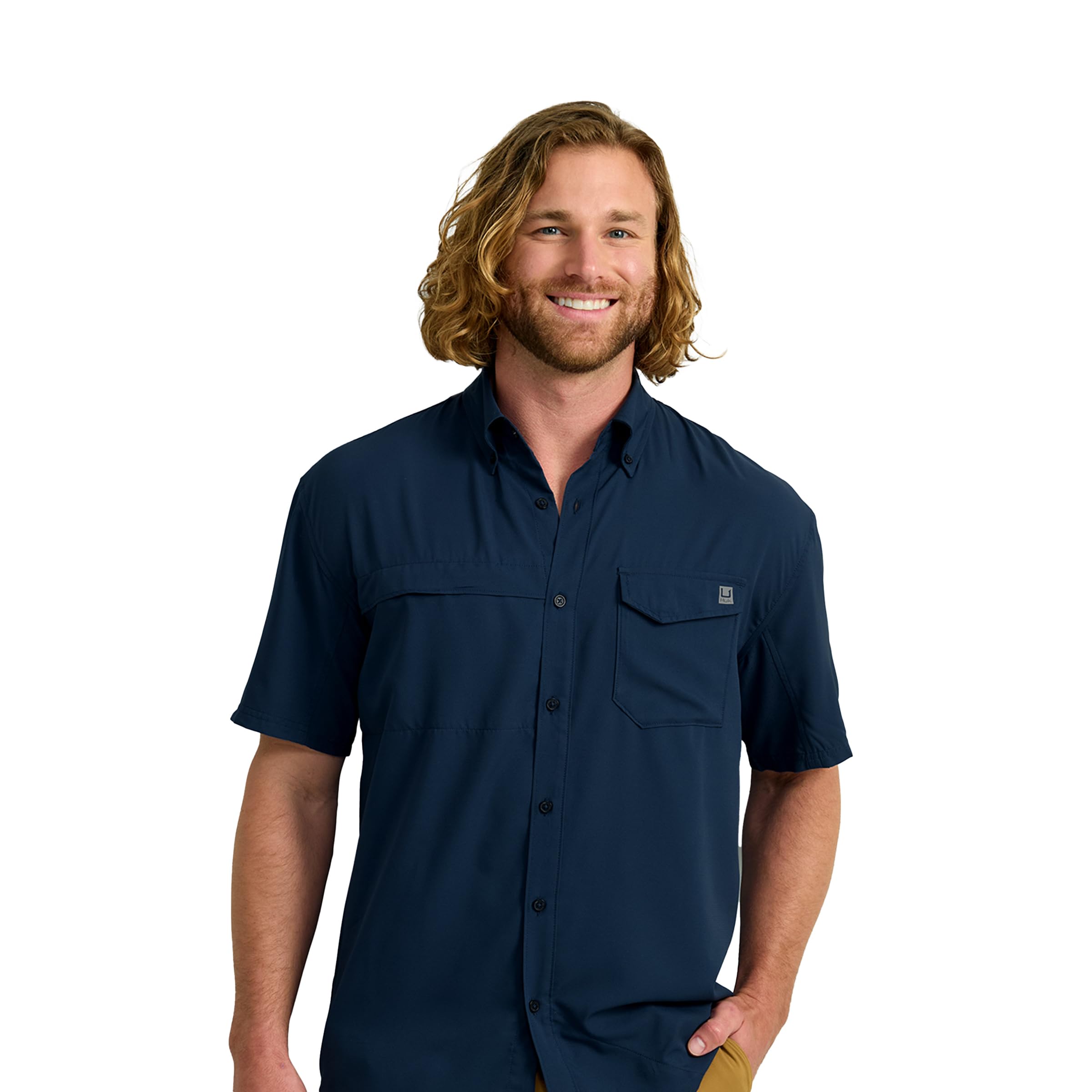 HUK Mens Tide Point Solid Short Sleeve Shirt, Button Down for Men, Naval Academy, X-Large Image