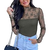 PINKMSTYLE Women's Long Sleeve Lace Bodysuit High Neck Sexy Tops for Going Out, Concert, Date Night Outfits