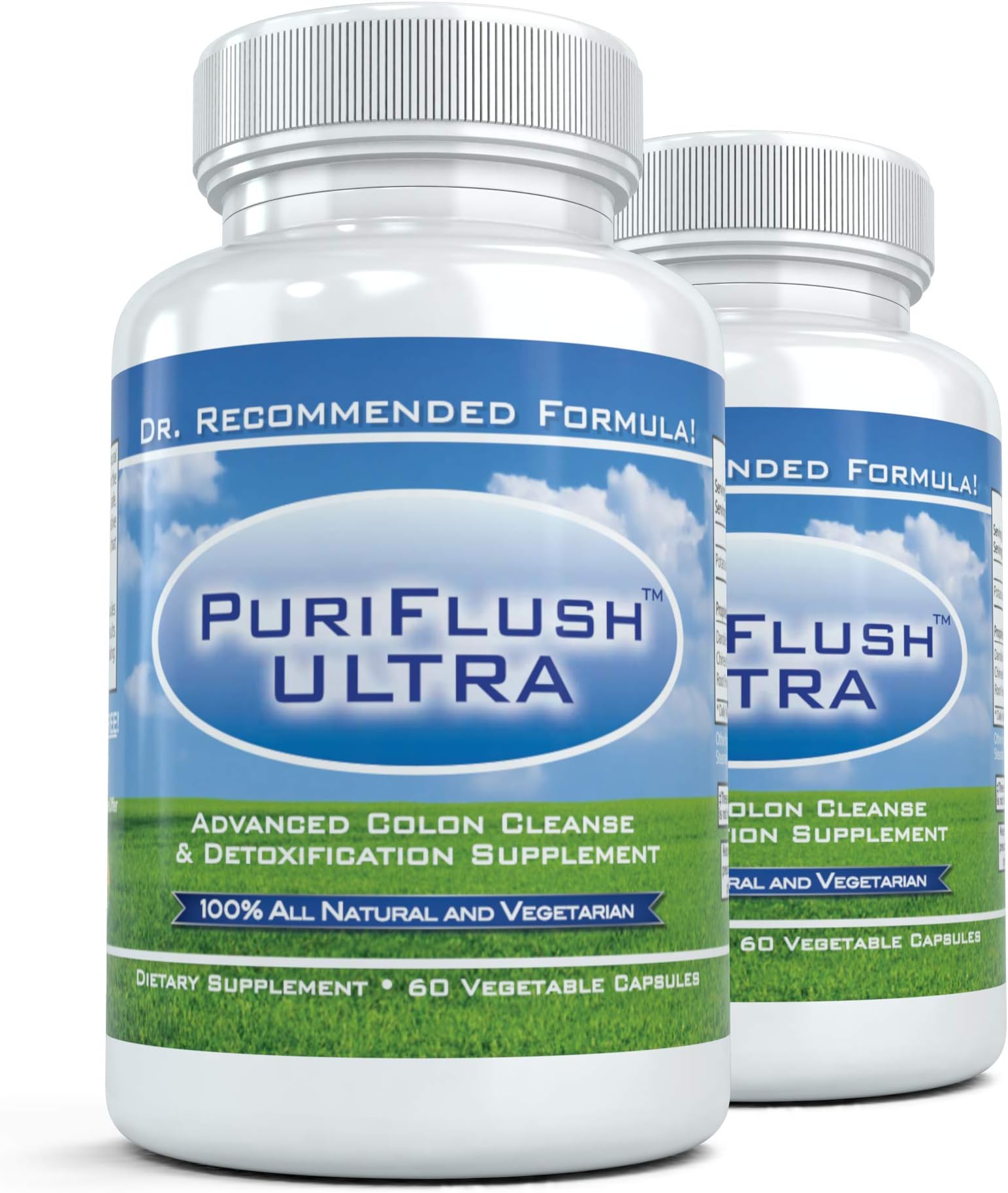 PURIFLUSH ULTRA (2 Bottles) - Advanced All Natural Colon Cleanse Formula - Intestinal Detox Supplement for Cleansing, Weight Loss, Diet Support & Bloat, 60 Capsules per Bottle