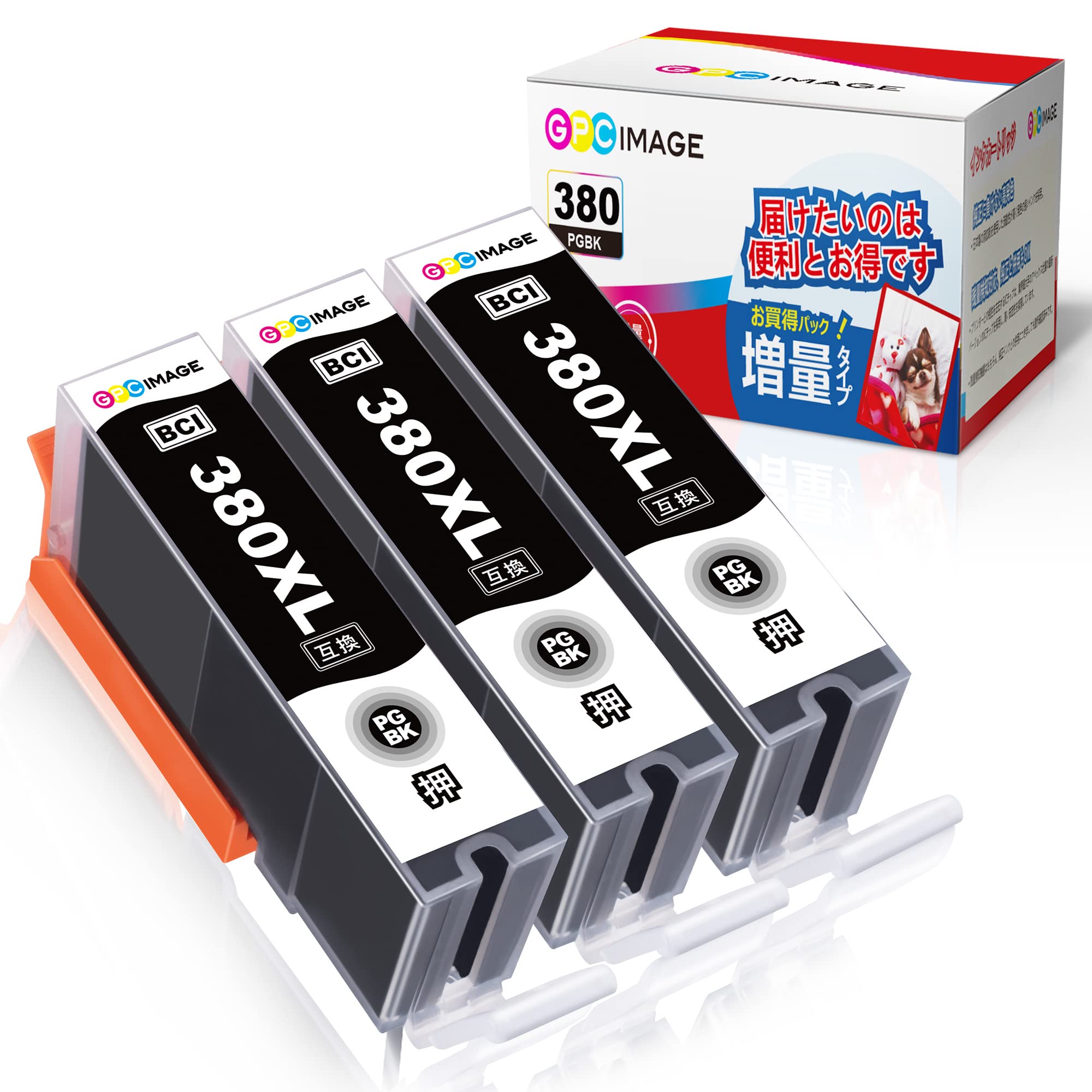 GPC Image BCI-380XLPGBK 互換インクカートリッジ 3本セット 大容量タイプ キャノン(Canon)対応 インクカートリッジ 380 BCI-380 互換インク TS8130 TS8230 TS8330 TS8430 TS6130 TS6230 TS6330 TS7330 TR9530 TR703 対応の BCI380 PGBK インク 残量表示機能 個包装 説明書付商品画像