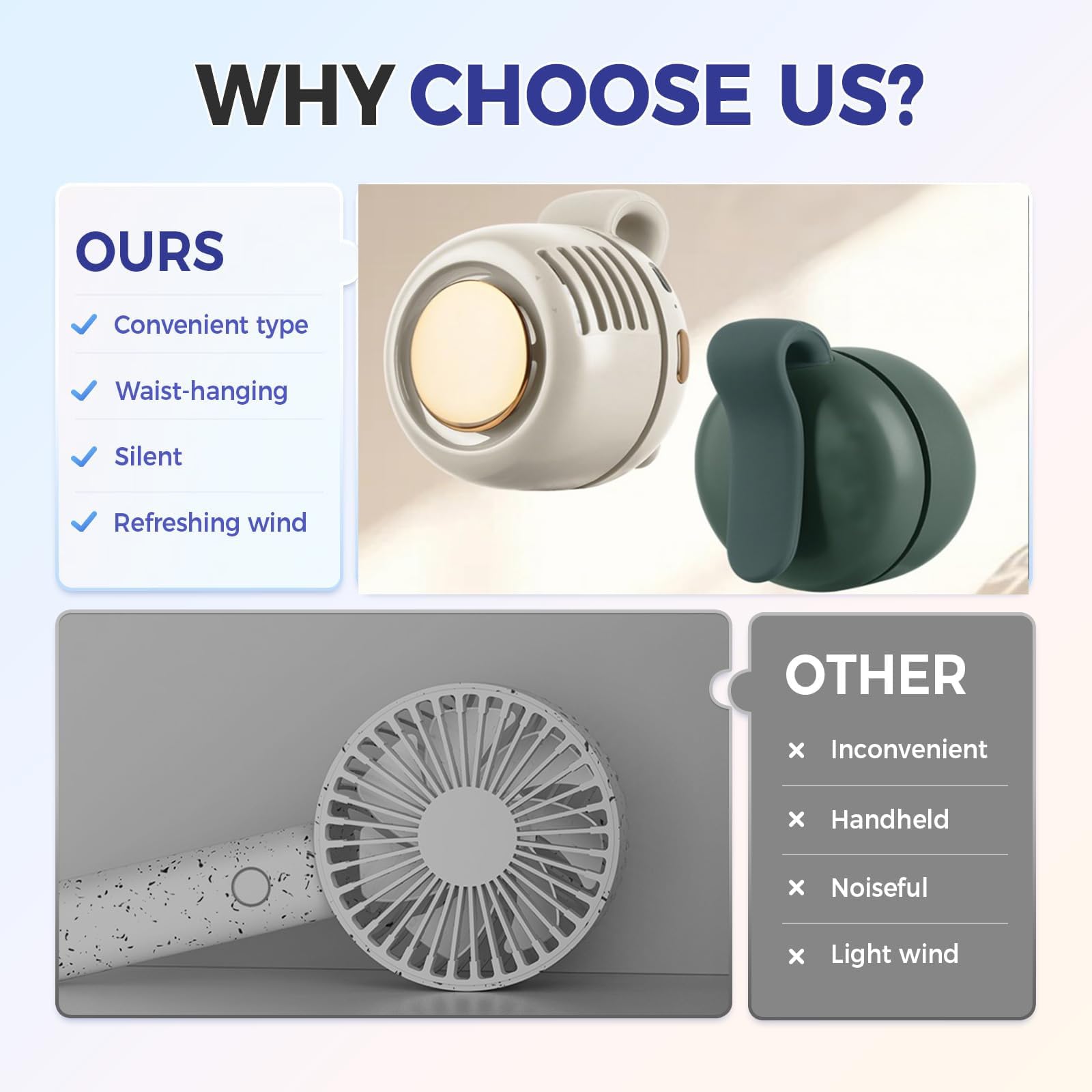 Cowenhey Portable Bladeless Fan, 3 Speed Silent Mini Whirlwind Fan, Hands-Free Wearable with Waist Clip for Office/Travel/Outdoor, USB Rechargeable Personal Cooling (White)