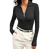 Meetrendi Women's Long Sleeve Business Casual Collared Work Top Half Zip Slim Fitted Ribbed Work Blouse for Fall Office