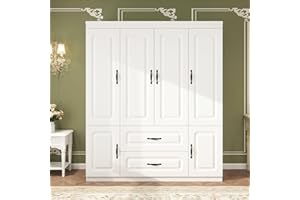 Keloyid Armoire Wardrobe Closet: White Large Bedroom Armoires Wood Wardrobe Cabinet with 4 Door 2 Drawers Tall Closet with Shelves and 2 Hanging Rail Room
