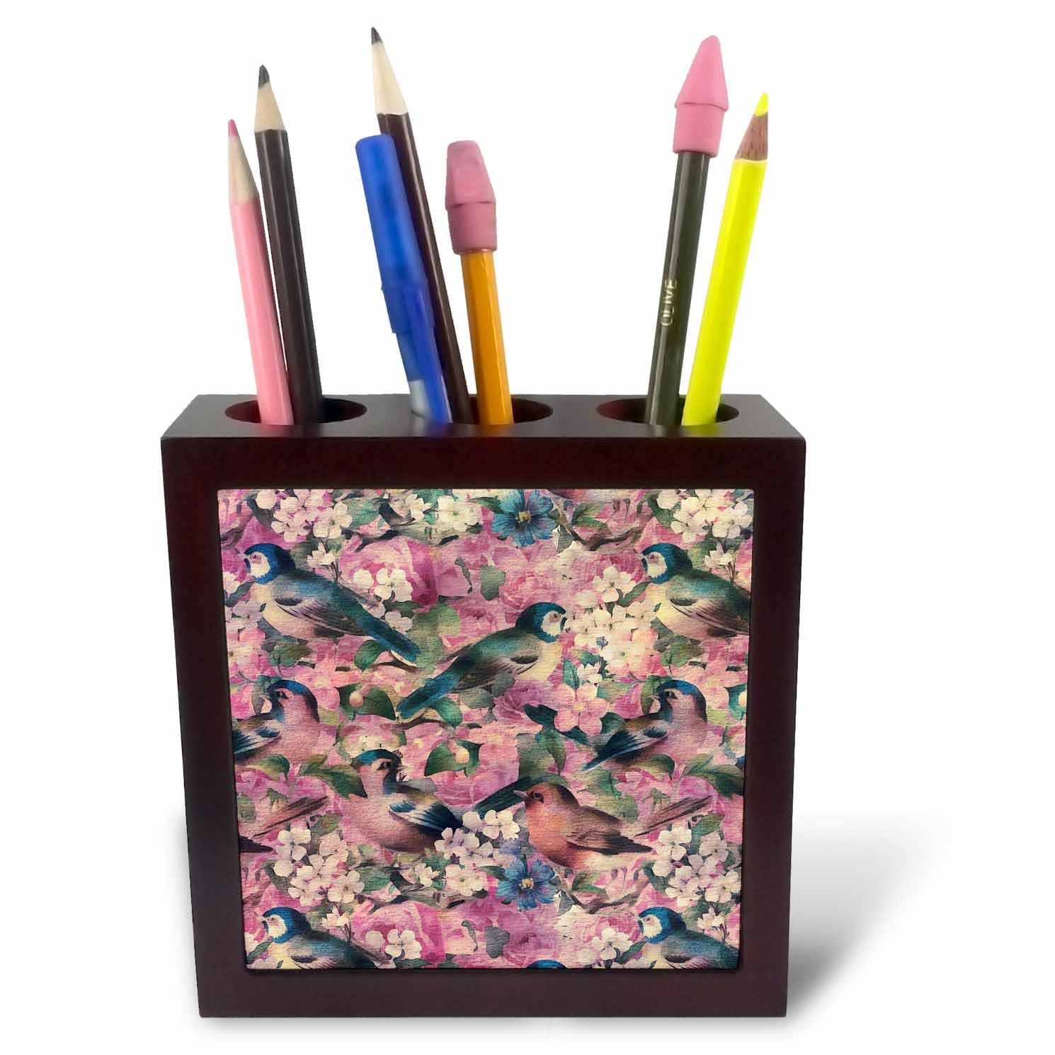 3dRose Vintage Flower Pattern with Birds-Tile Pen Holder, 5-Inch (Ph_268476_1), 5 Inches