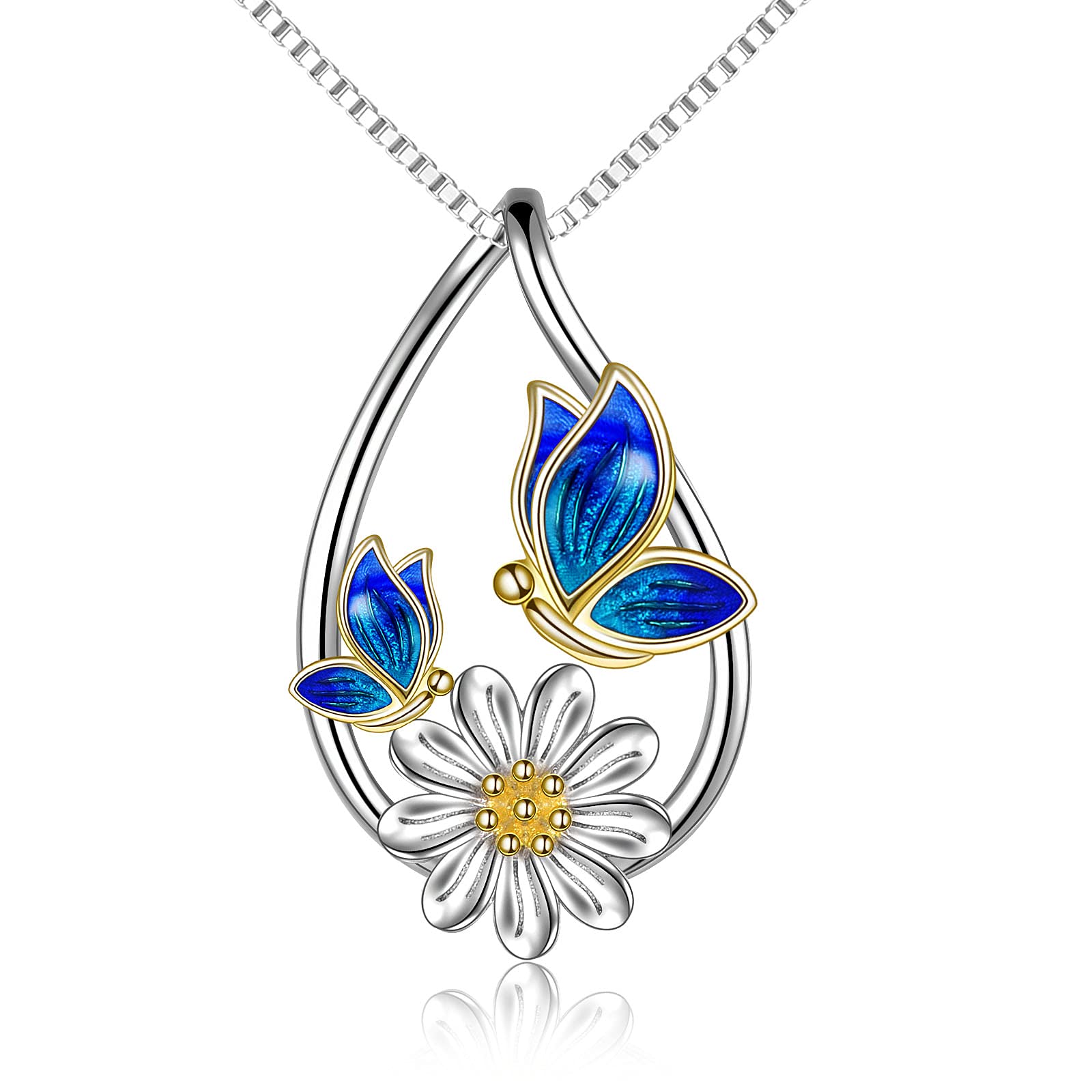 YAFEINI Butterfly Necklace Daisy Teardrop Pendant Sterling Silver Jewellery Gifts for Mum Mother Daughter Women Girls