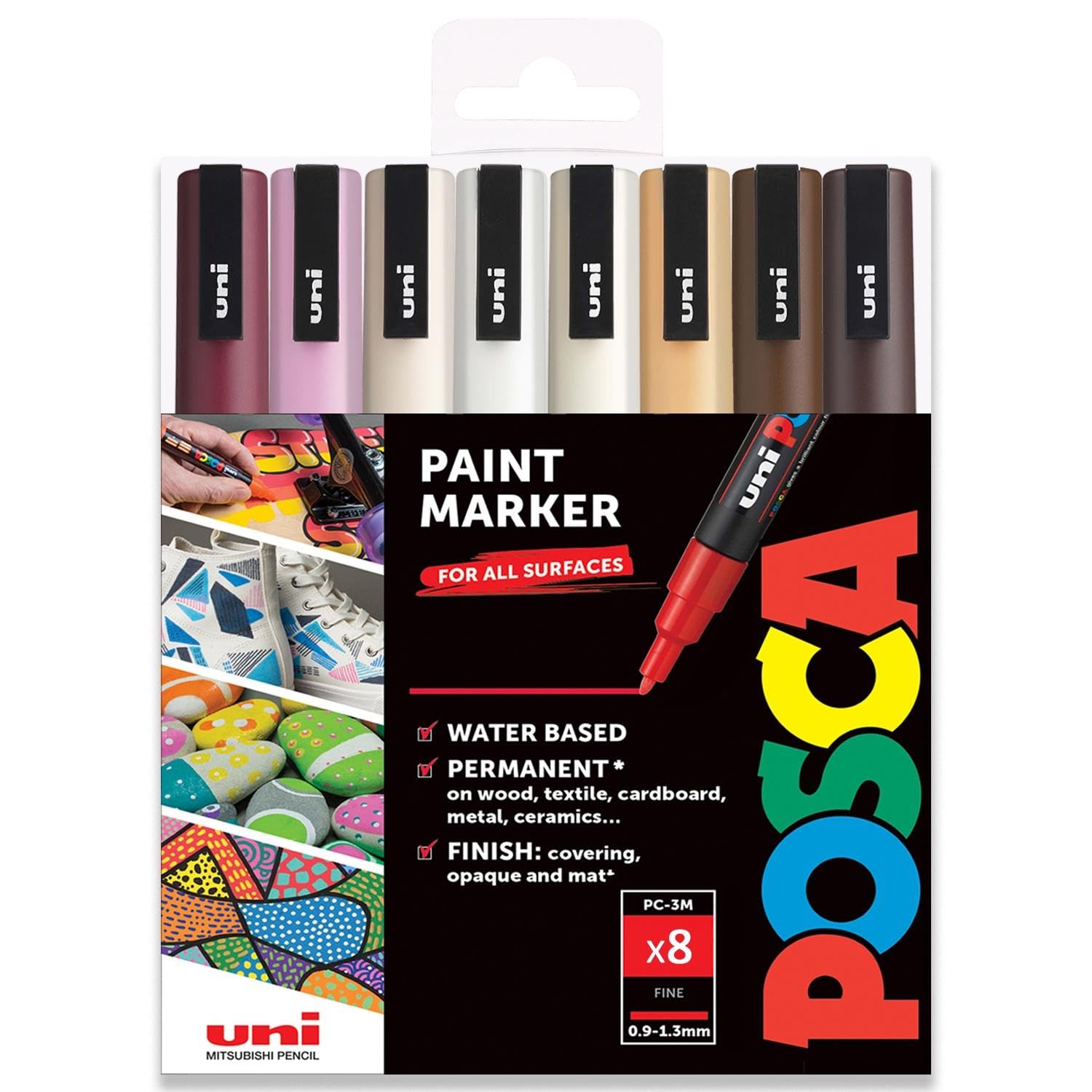 POSCA PC-3M Paint Marker Art Pens - 0.9-1.3mm – Warm Neutral Tones Set of 8 Pens in Gift Box