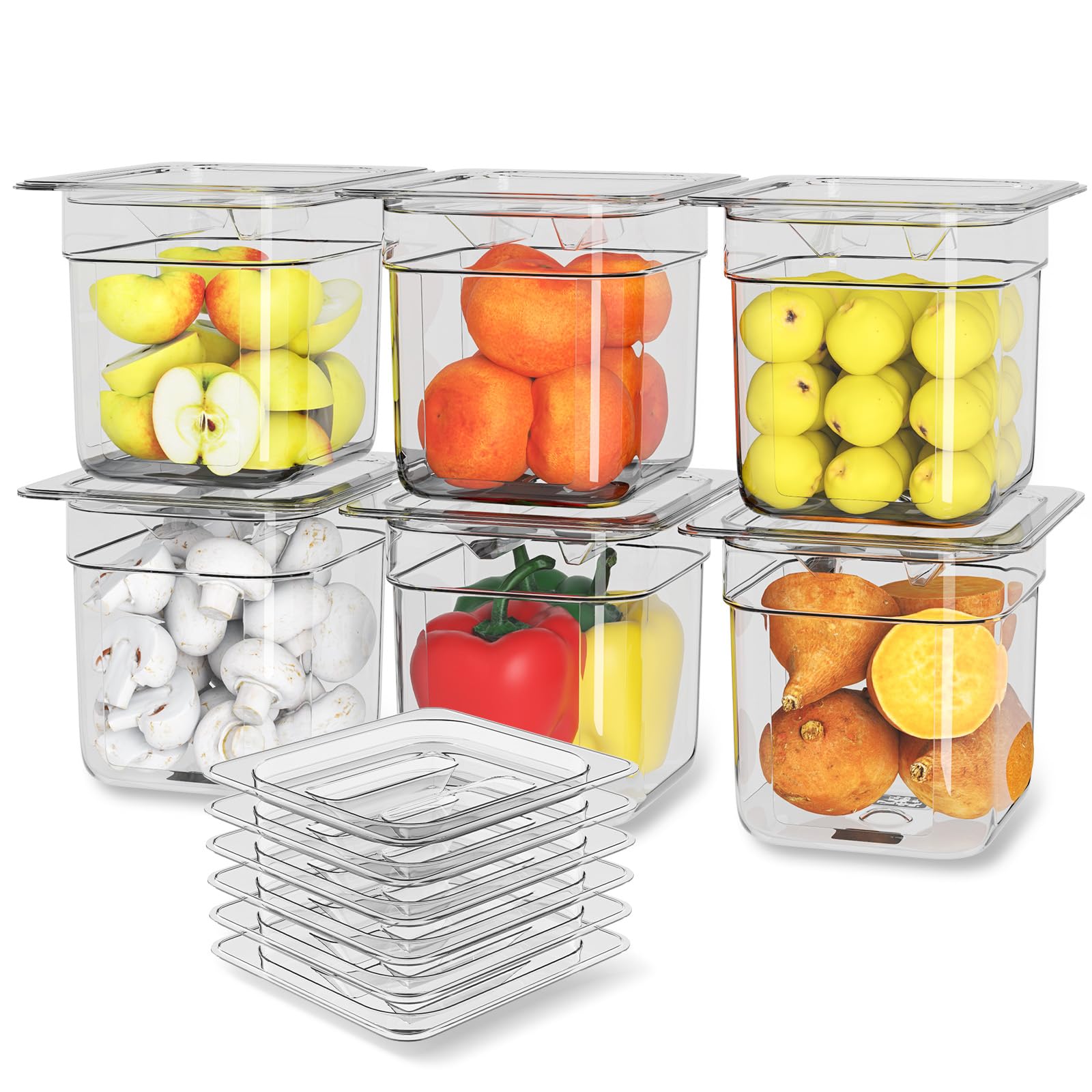 Photo 1 of HNEDSEN 6 Pack Plastic Food Pan with Lid 1/6 Size 6 Inch Deep Restaurant Clear Food Storage Containers Polycarbonate Commercial Hotel Pans for Fruits Vegetables Beans Corns (6 PCS, 6'' Deep)