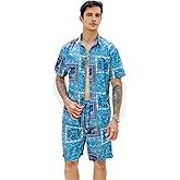 CAALEIS Men’s Summer 2 Piece Set – Short Sleeve Button Shirt & Drawstring Shorts Paisley Print Beachwear