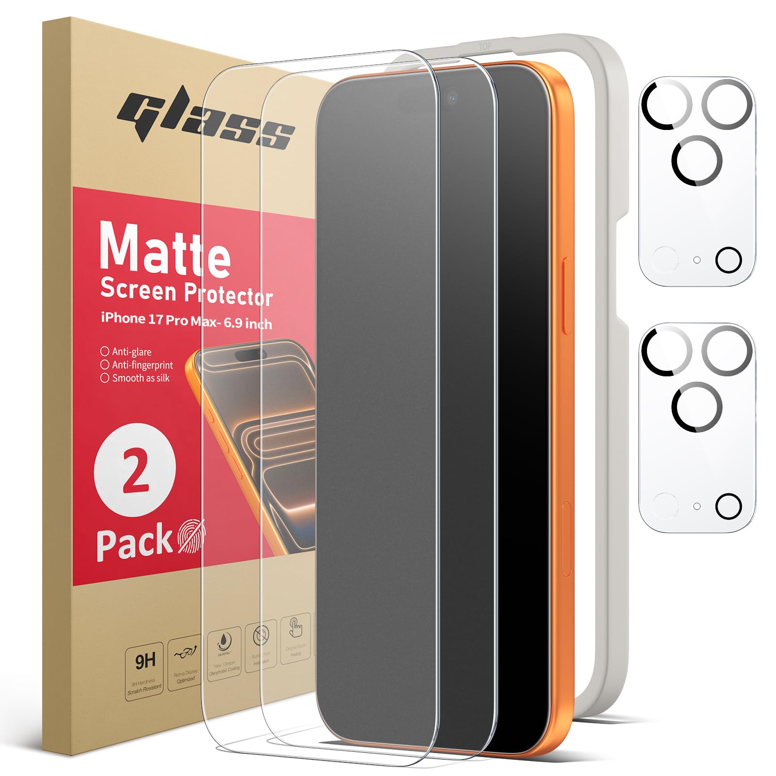 Ambison 2 Pack Matte Screen Protector for iPhone 17 Pro Max [0 Bubbles] + 2 Pack HD Camera Lens Protector, Anti Glare & Fingerprint, 9H Hardness Tempered Glass, Easy Installation Frame, Smooth as Silk