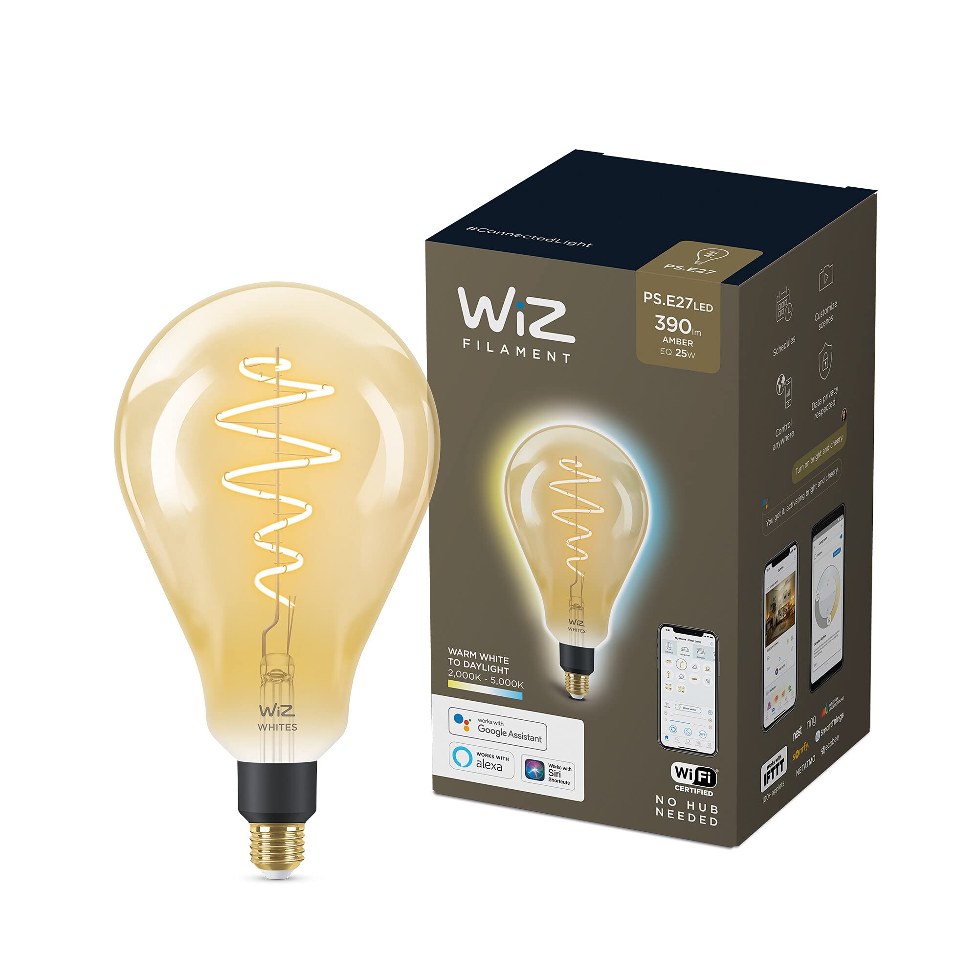 WiZ Smart Bulb, E27, Amber PS160 LED Bulb, Warm to Cool White, Dimmable, Smart LED Connected WiFi Works with Alexa, Google Assistant & HomeKit, App Control Livingroom, Bedroom, Energy Monitoring