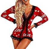 VFURYGD Women Heart Print Deep V-Neck Long Sleeve Romper Lace Trim Button Bodysuit Overall Valentine's Day Pajamas