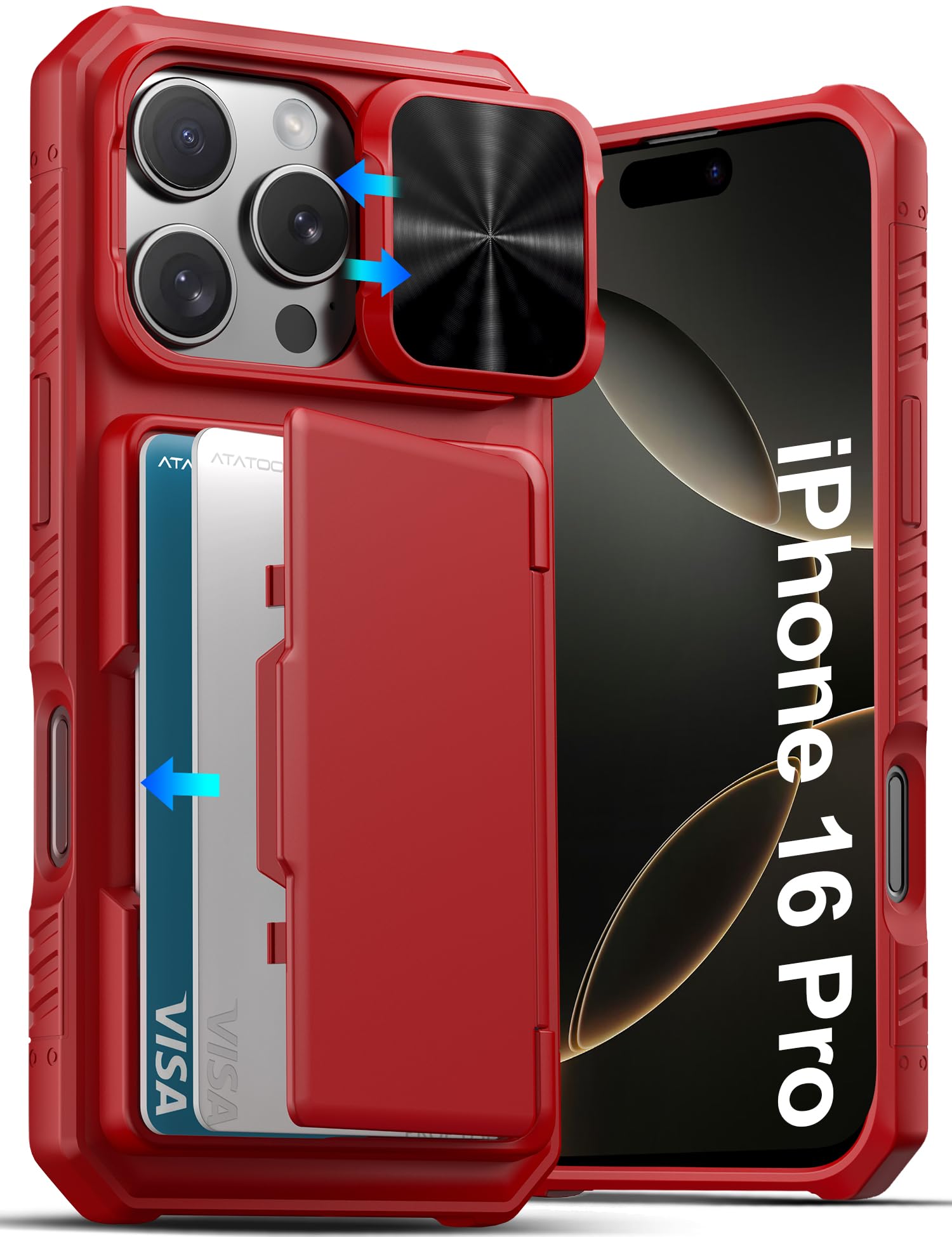 ATATOO for iPhone 16 Pro Case with Card Holder (Store 3-5 Cards) [RFID Blocking] & Slide Lens Protector, Military Grade Protection, Rugged Silicone Wallet Cover for iPhone 16 Pro 6.3", Red