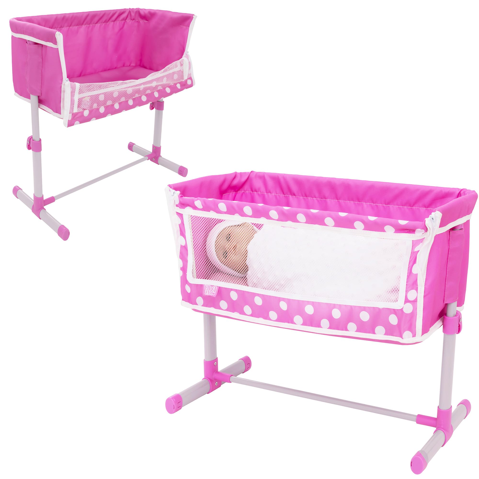 Dolly Tots Beside Me Bedside Pink Cot | Fold-Down Bedside Crib Toy for Dolls | Polka Dot Doll Nursery Cot & Accessories | Role Play Pushchair & Pram Toys for Kids | Perfect for Ages 3+