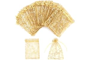 STARUBY Organza Gift Bags 100Pcs Gold Sheer Organza Bag 4x6 Inch Mesh Favor Bags Drawstring Jewelry Rattan Printed Gift Pouch