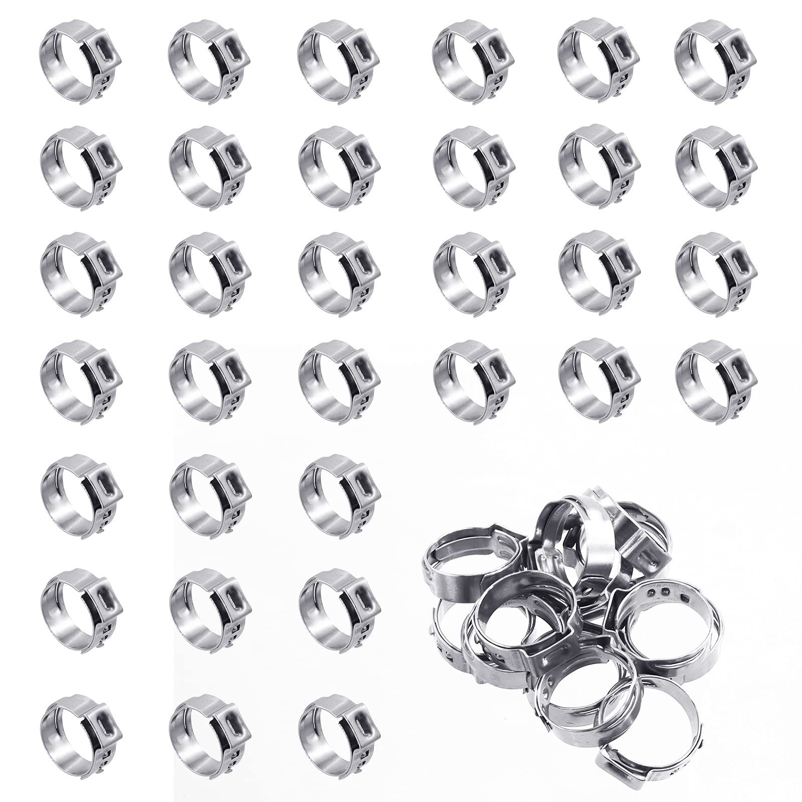 Wokape 50Pcs 15.3-18.5mm Single Ear Hose Clamps, 304 Stainless Steel PEX Pinch Clamps Cinch Rings Crimping Tool Stepless Hose Clamp for Securing Pipe Hoses and Automotive