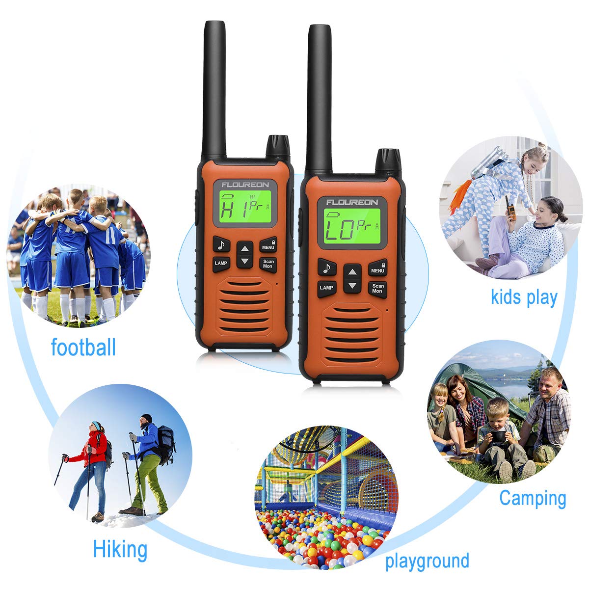 Walkie Talkies, FLOUREON 2 Pack 5KM Rango de 16 Canales, Radio de 2 vías con Pantalla LCD para Supermercado/Hogar/Actividad de Interior o al Aire Libre (Naranja)