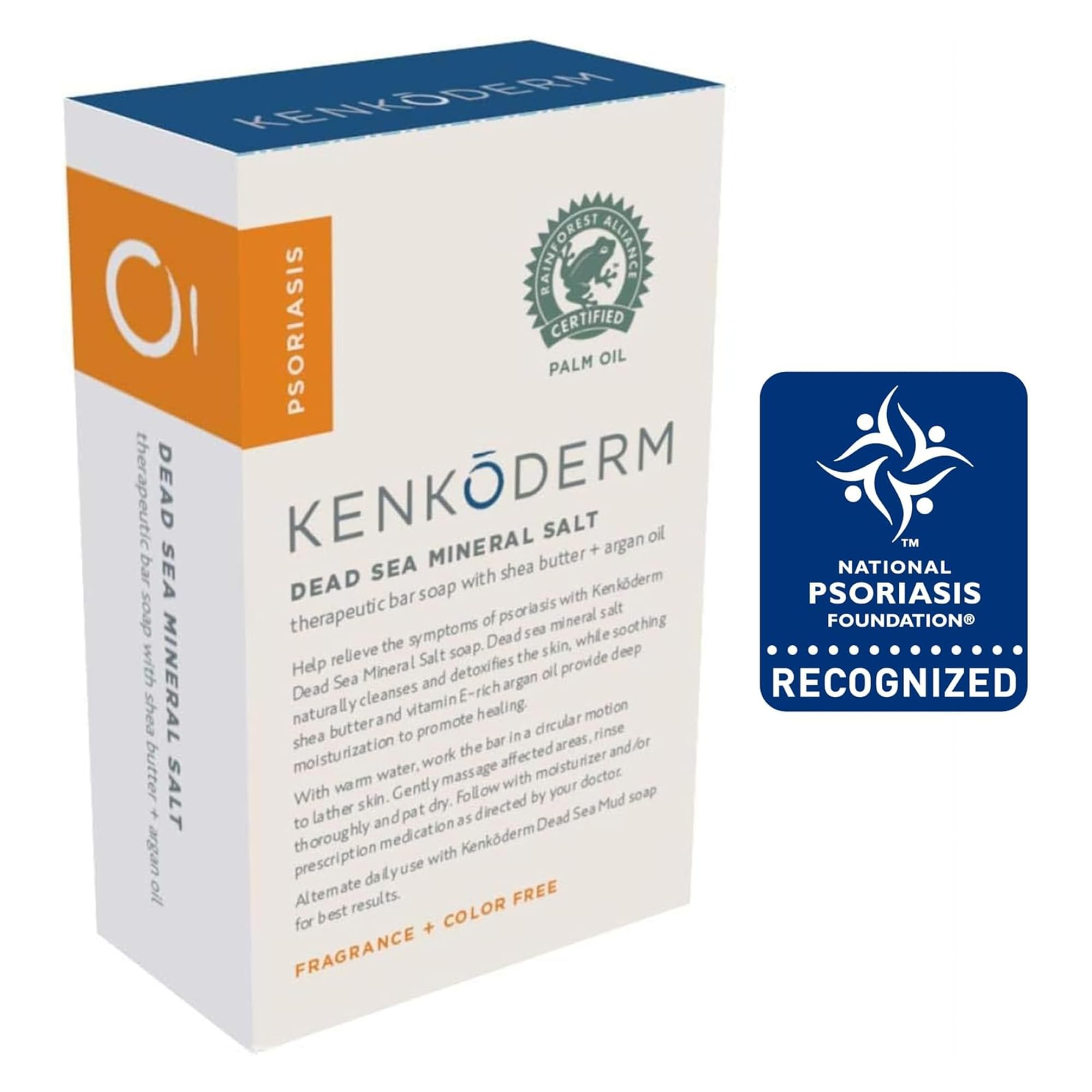 Kenkoderm Psoriasis Dead Sea Mineral Salt Soap with Argan Oil & Salicylic Acid, Natural Exfoliating Body & Face Cleanser for Sensitive Skin, Color & Fragrance Free, 4.25 Ounce, 1 Bar