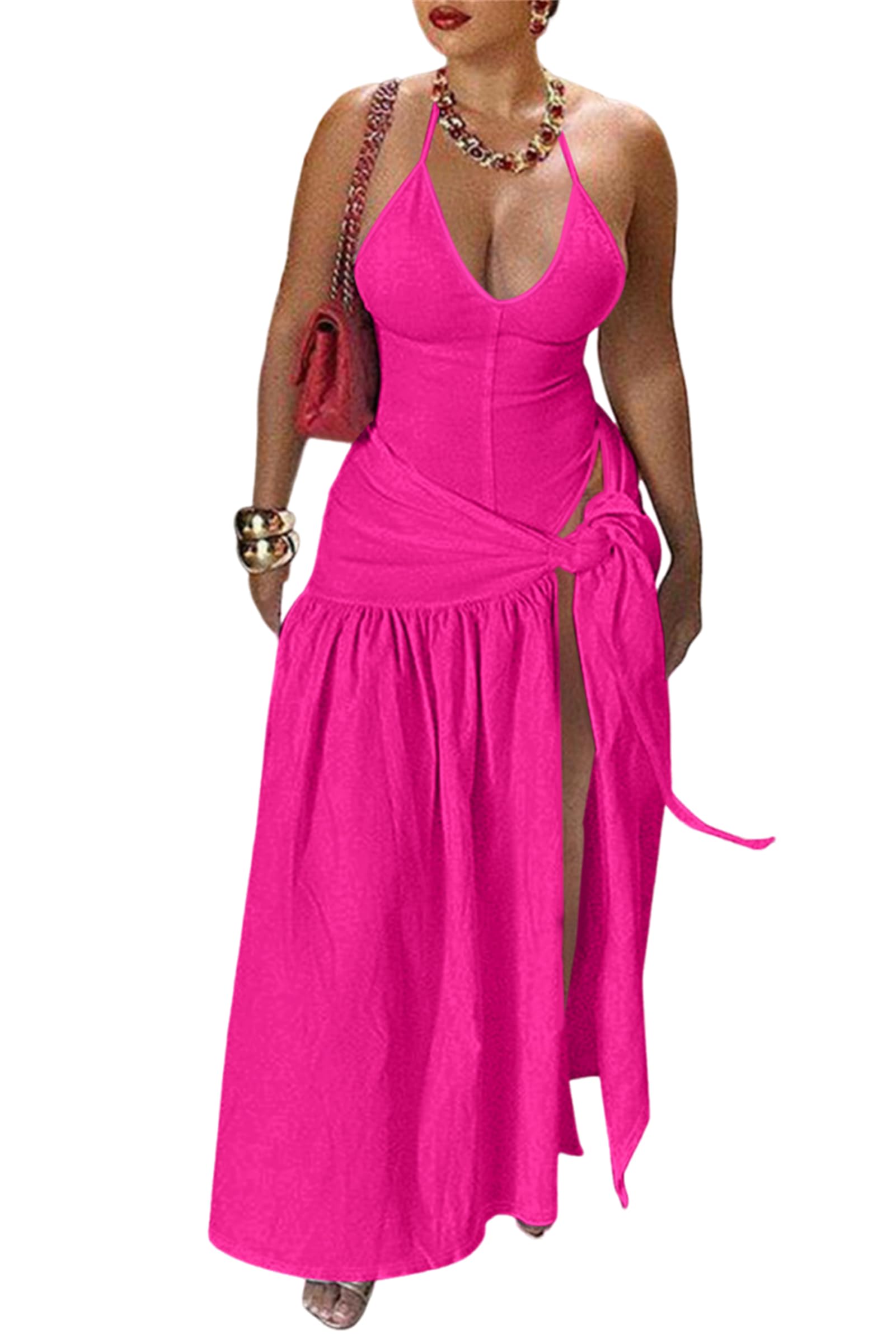 Photo 1 of Womens Summer 2 Piece Maxi Skirt Sets Sexy Halter V Neck Backless Thong Bodysuits Wrap Beach Cover Ups Vacation Outfits Hot Pink