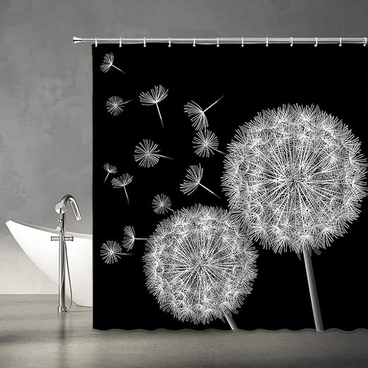 AMFD Dandelion Shower Curtain Black and White Flower Dandelion Seeds