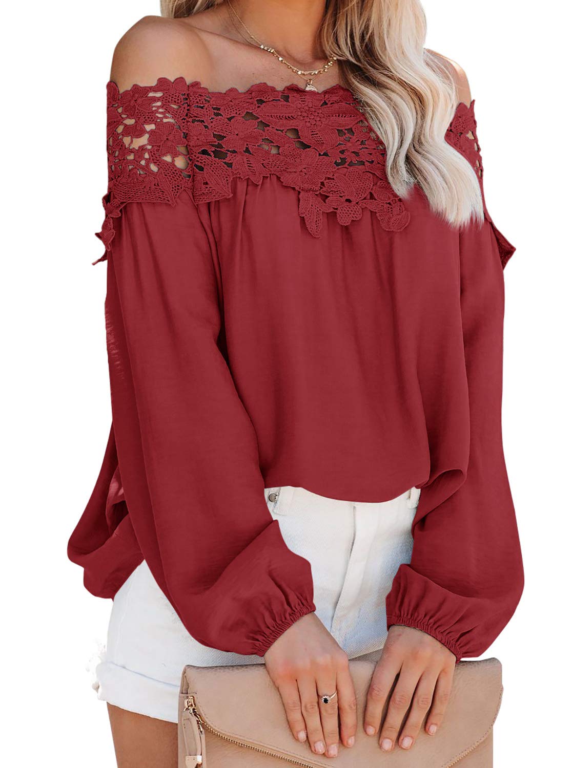 Adreamly Women's Lantern Long Sleeve Lace Crochet Off The Shoulder Tops Loose Blouses