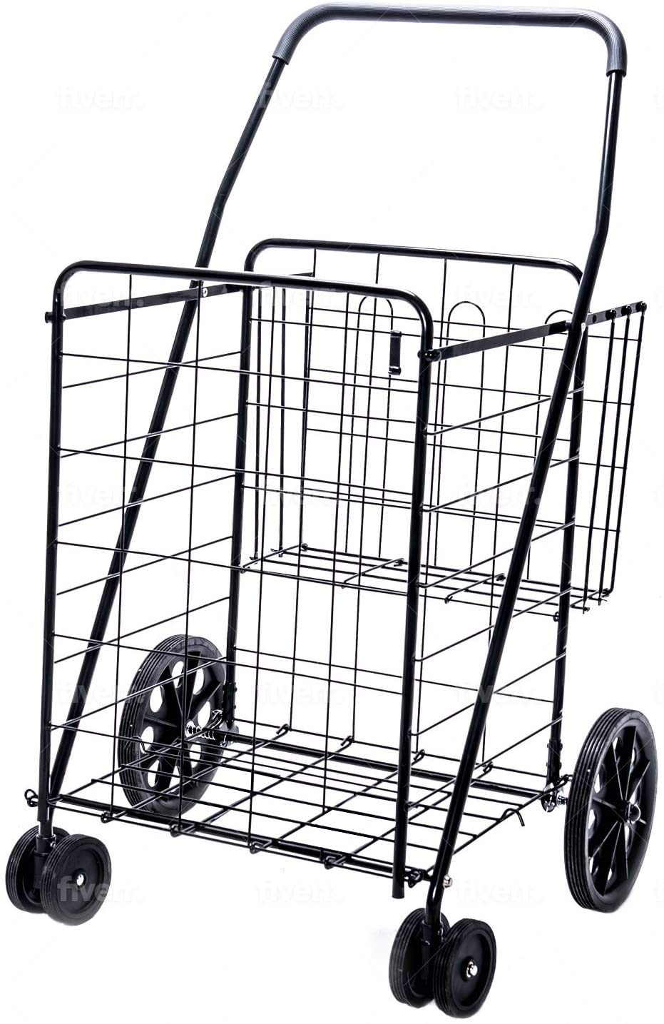 Photo 1 of  Deluxe Foldable Utility Shopping Cart with Dual Swivel Wheels and Double Basket- 200 lb Capacity