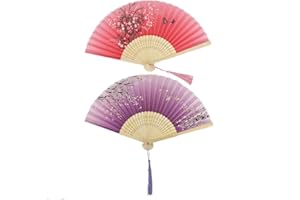 Bestage 2 Pieces Handheld Fans,Silk Folding Foldable Fans Vintage Bamboo Frames Chinese Japanese Fans for Dancing Cosplay Wedding Party Props Decoration