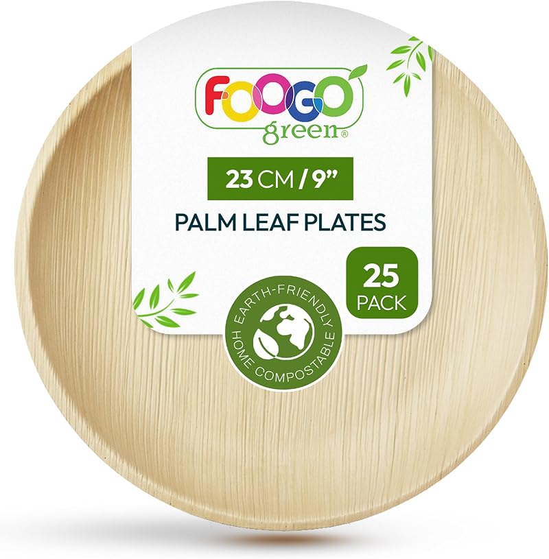 FOOGO Green 25pcs Palm Leaf Plates 9 Inch Eco Biodegradable Compostable