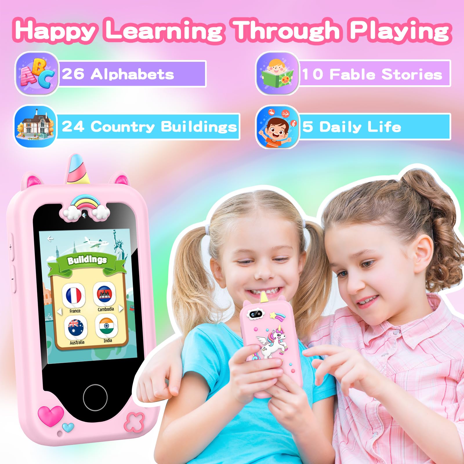 Kids Phone Toy Gift for Girls 3 4 5 6 7 8 Years Old, Toddler Smart Phone Learning Toys - Pretend Play Phones with Educational Games, MP3 Music Player, Birthday Gifts for Boys Age 3-8 (Pink)