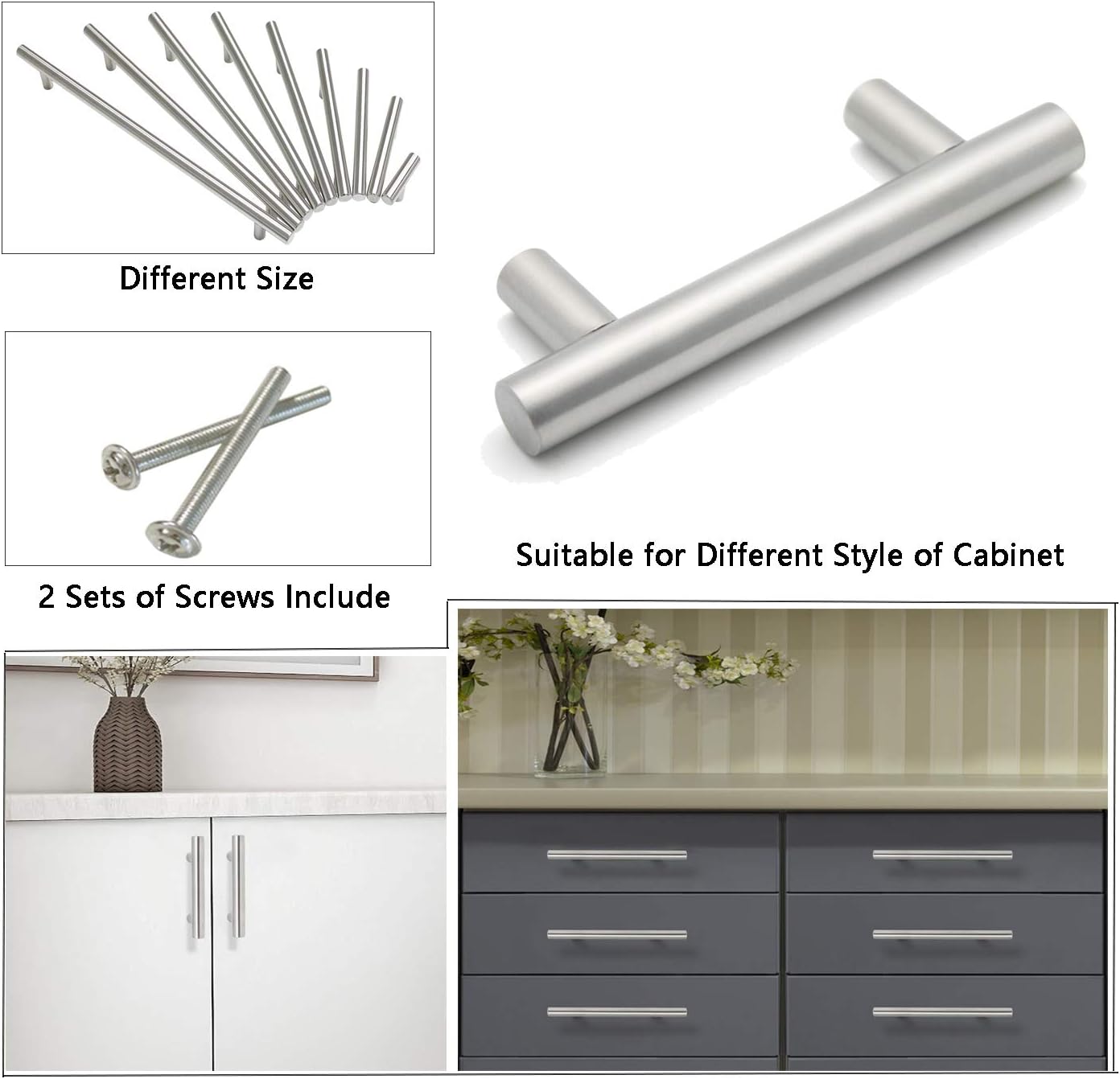 PinLin 20 Pack Kitchen Door Handles 64mm Hole Centre Brushed Nickel Cabinet Handles Stainless Steel Cupboard T Bar Handle (Screws Included) - Image 3