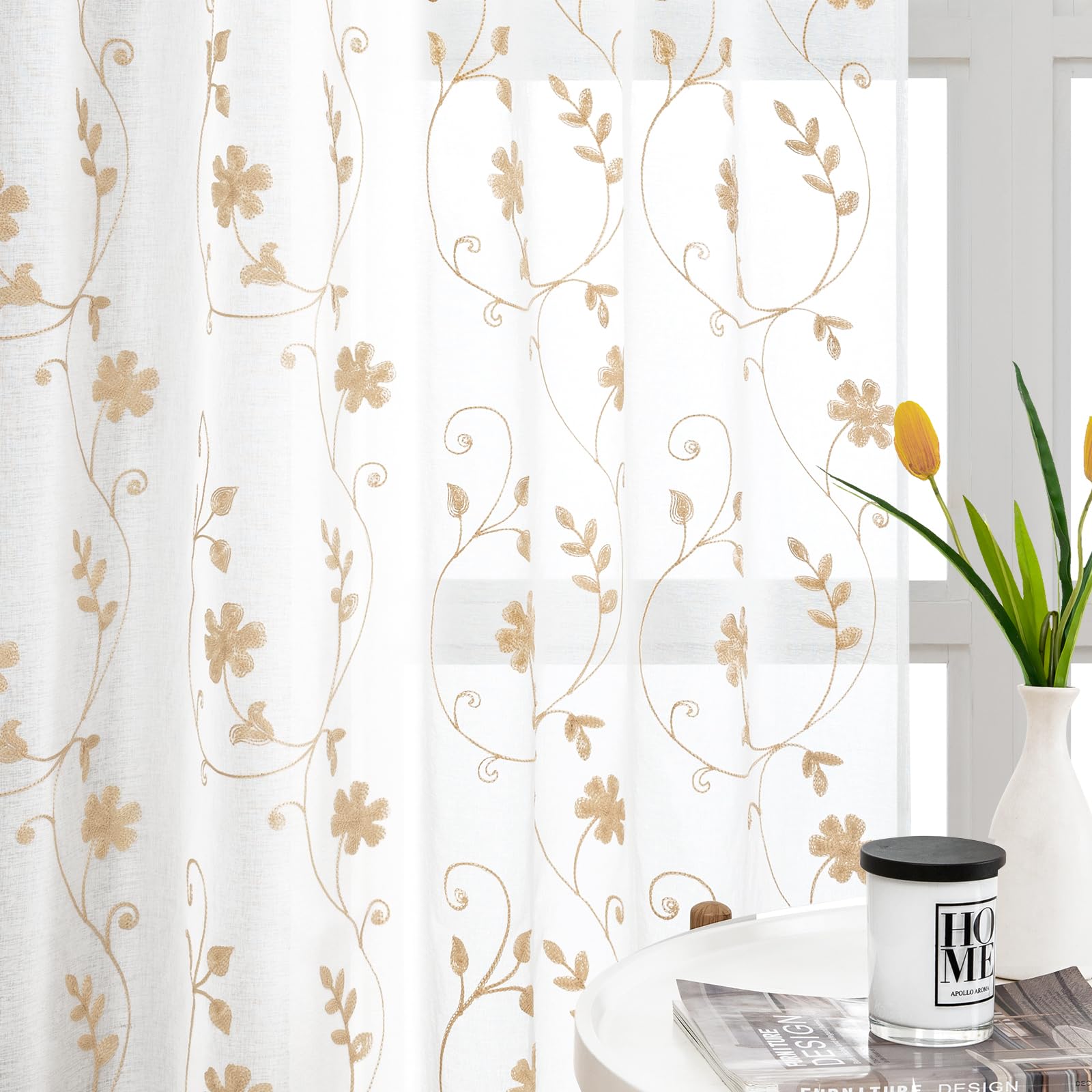HOMEIDEAS Yellow Sheer Curtains 96 Inches Long 2 Panels Yellow and White Embroidered Floral Pattern Semi Sheer Window Curtains for Bedroom Living Room Image
