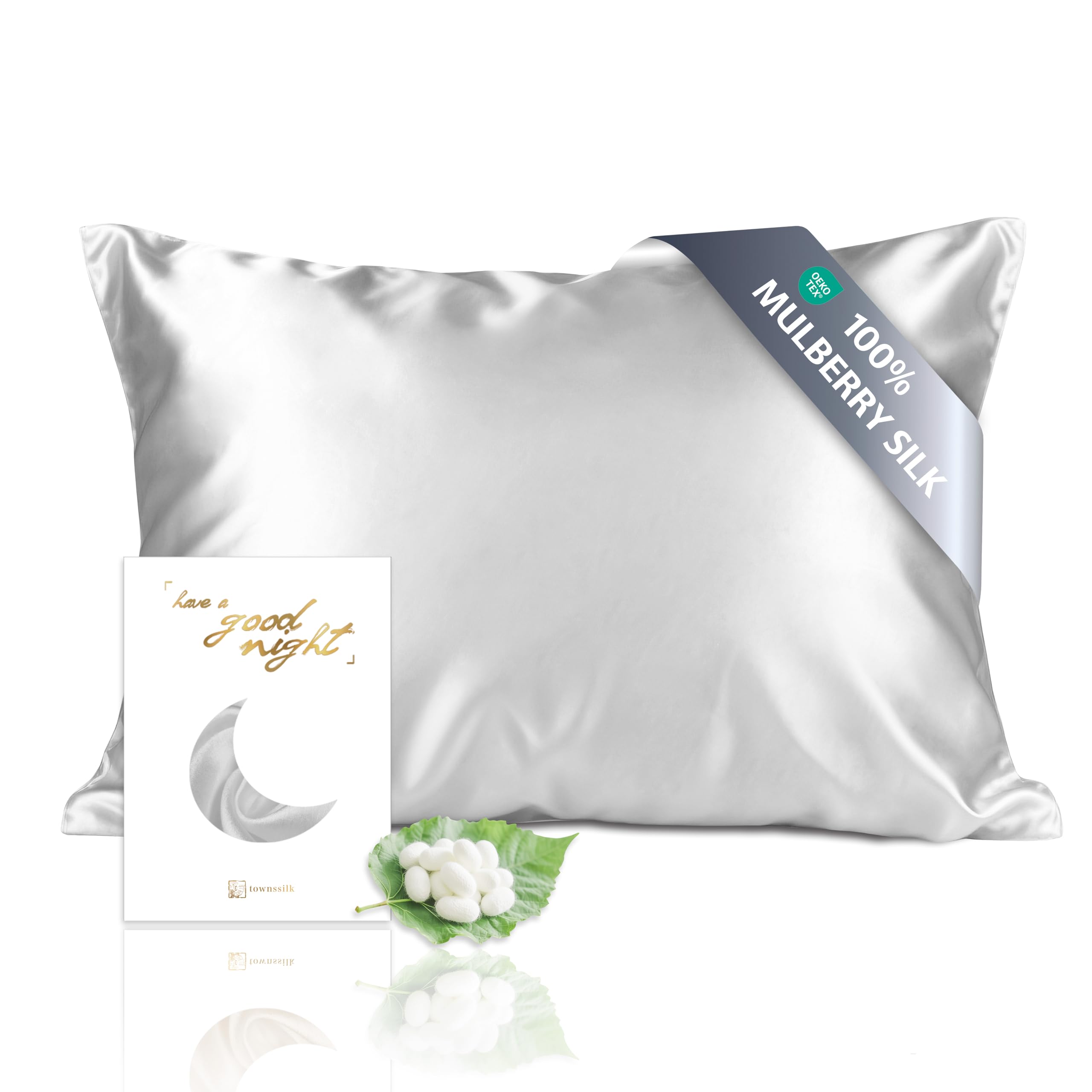 townssilk Both Side 100% 19mm Pure Mulberry Silk Pillowcase for Hair and Skin 40x70cm size Pillow Case Cushion Cover with Hidden Zipper 600 Thread Count Silver