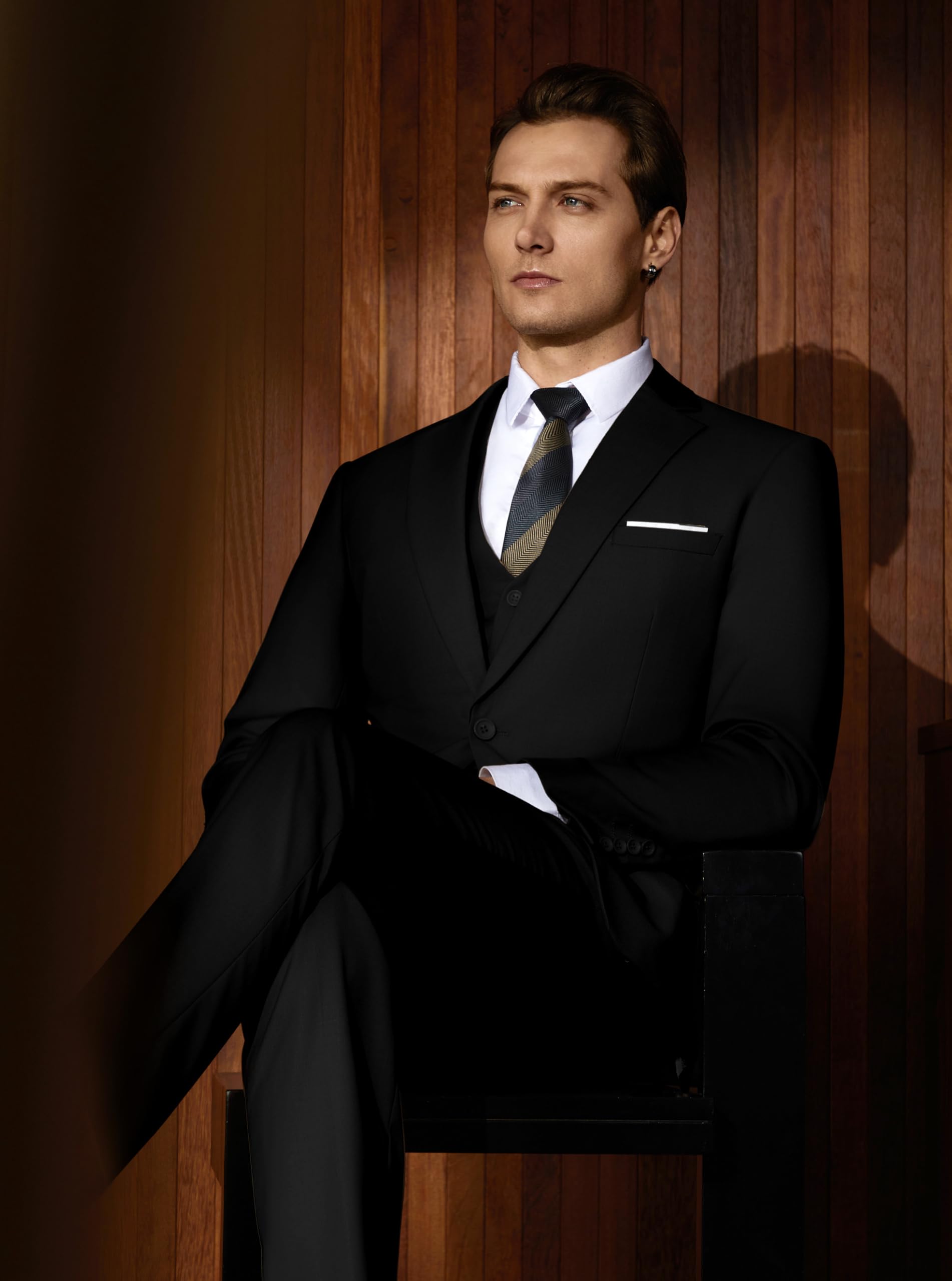 WULFUL Men’s Slim Fit Suit One Button 3-Piece Blazer Dress Business Wedding Party Jacket Vest & Pant