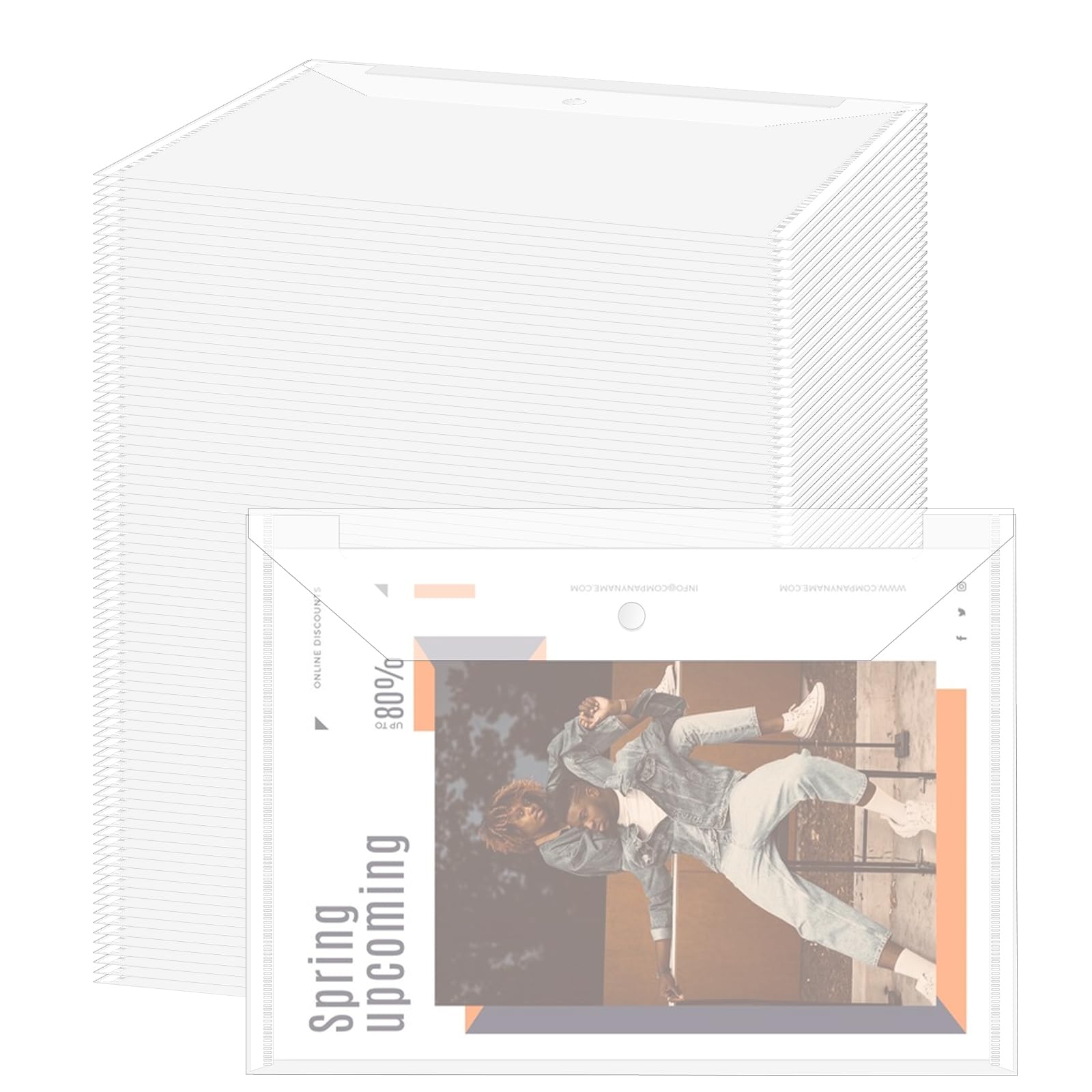 Photo 1 of 100Pcs Plastic Envelopes with Snap Closure, Clear Folders for Documents Plastic A4 Letter Size Clear Envelope Pouch for School Home Office Supplies