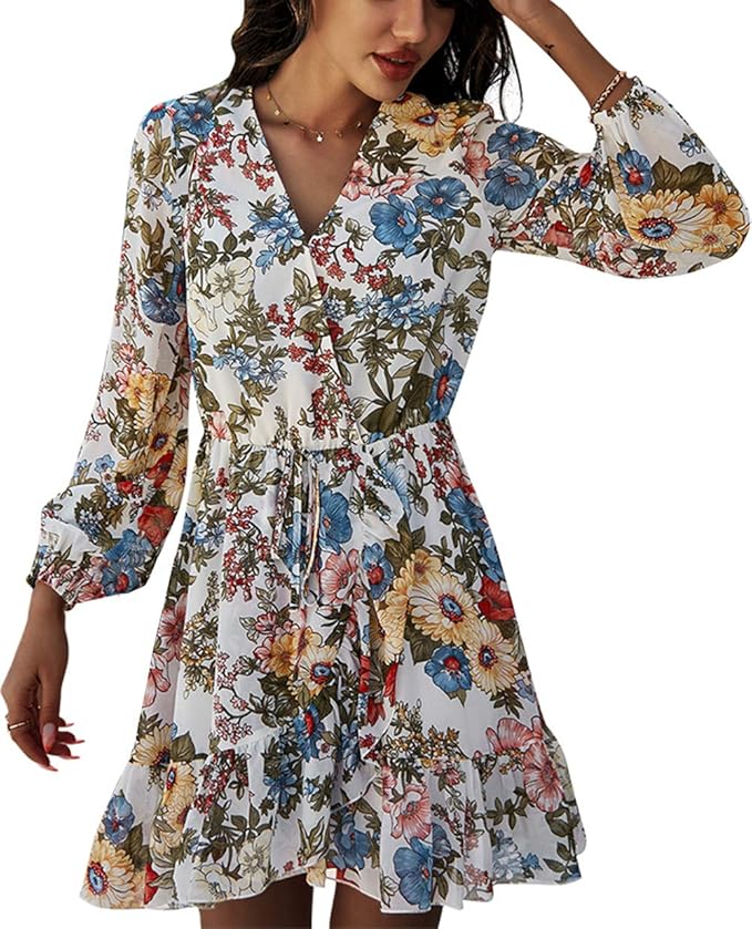 Buy Women's Long Sleeve Flower Print Tie Waist Floral Chiffon Dress