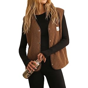 EVALESS Women's Sherpa Fleece Vest Snap Button Outerwear Top with Pockets | Hiking Sherpa Vest for Women, Fleece Sleeveless V