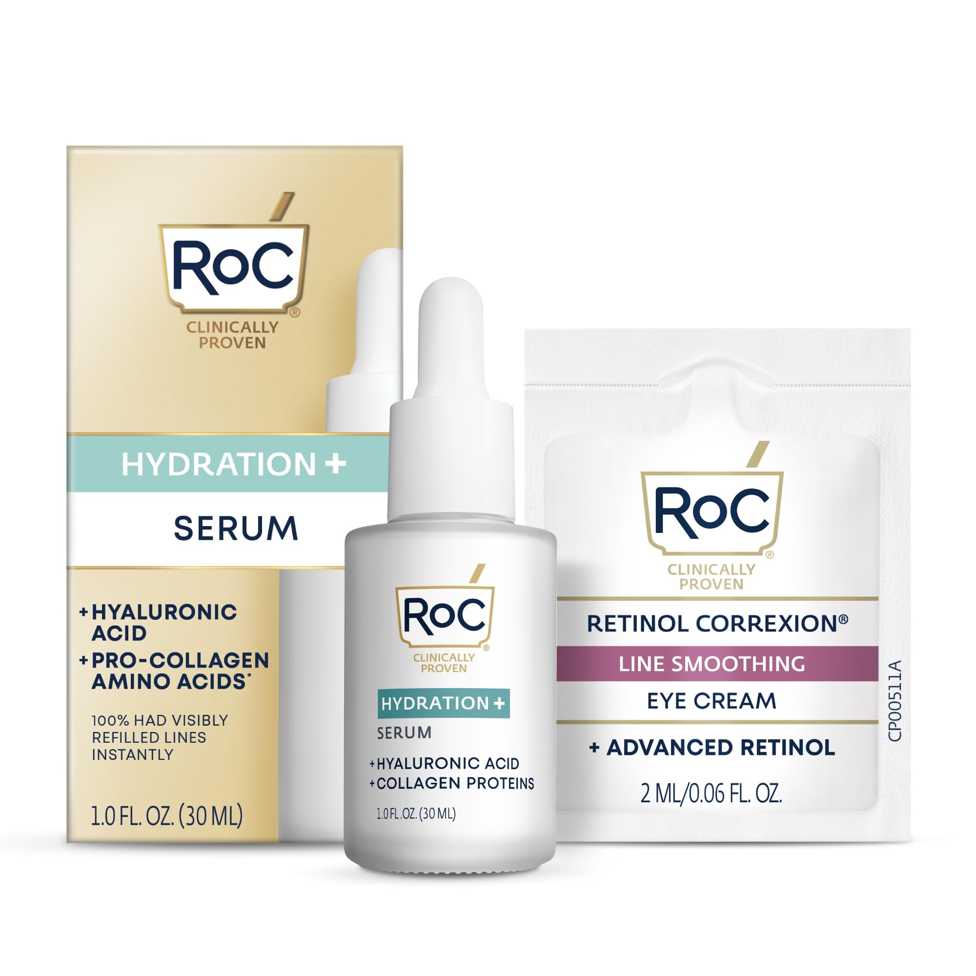 Photo 1 of RoC Hydration+ Hyaluronic Acid Serum for Face, Hydrating, Plumping, Fragrance Free, Lightweight Formula with Collagen Proteins (1 Ounce) with Retinol Eye Cream Packette