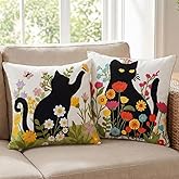Peryiter 2 Pack Black Cat Embroidered Throw Pillow Covers 18x18 Floral Decorative Pillow Covers with Zipper Summer Aesthetic Farmhouse Boho Cozy Throw Pillowcases for Living Room Couch Sofa Bed