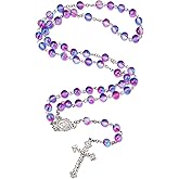 Catholic 8MM Colorful Beads Rosary, Rosaries Necklace with Alloy Miraculous Medal and Crucifix Cross