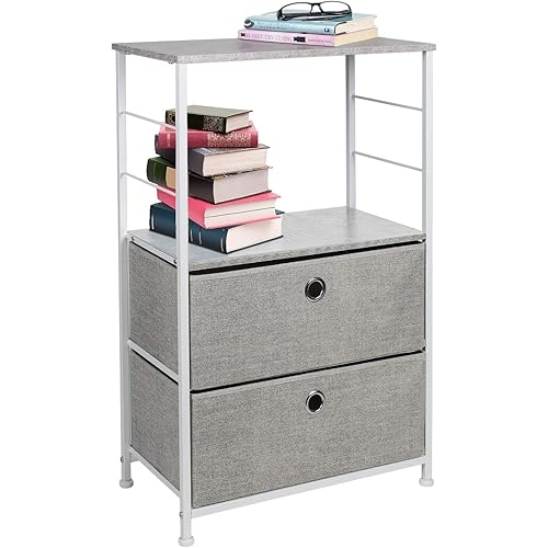 Sorbus Nightstand 2-Drawer Shelf Storage - Bedside Furniture & Accent End Table Chest for Home, Bedroom, Office, College Dorm, Steel Frame, Wood Top, Easy Pull Fabric Bins (Gray)
