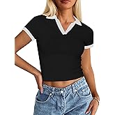Avanova Women Polo V Neck Crop Tops Ringer Tee Short Sleeve Cropped T Shirts