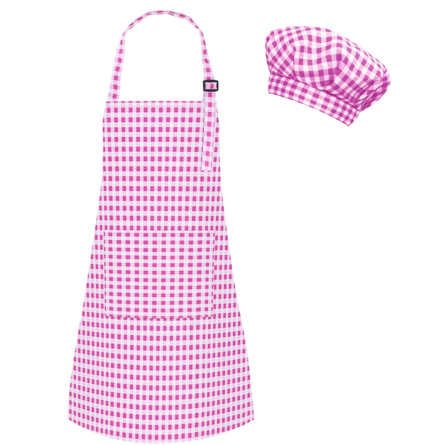 TOPWAYS Grid Kids Apron and Chef Hat Set, Adjustable Check Child Chef Aprons with 2 Pockets, Lattice Print Children's Apron for Kids Toddler Painting Baking Cooking Artist (Grid Purple, M（3-6Years）)