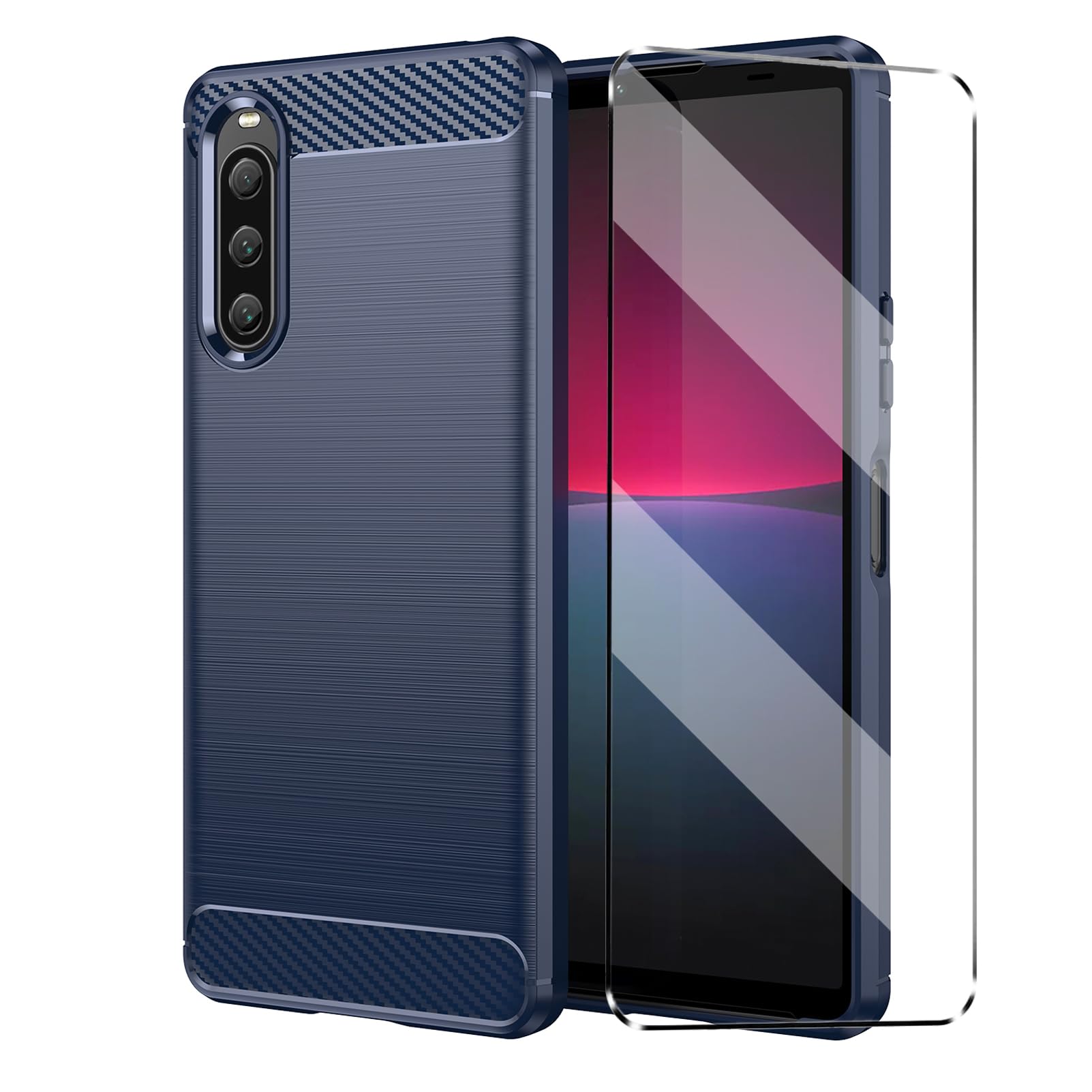 Case Compatible with Sony Xperia 10 V 10V Cover with 1 Pack Tempered Glass Screen Protector for Sony Xperia 10 V 10V, Slim Fit Soft TPU Shockproof Anti-Scratch Phone Case Cover - Navy