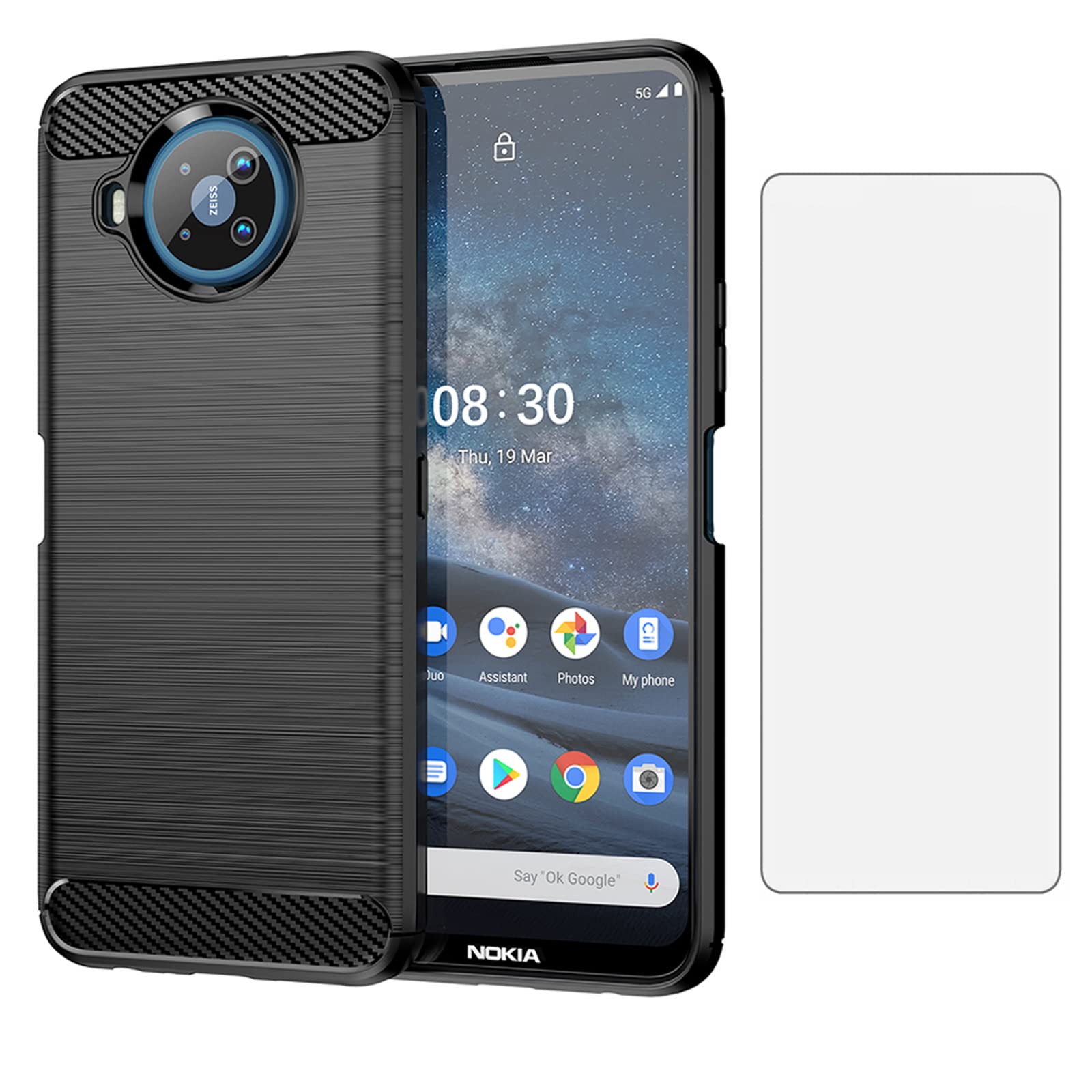 Asuwish Compatible with Nokia 8.3 5G Nokia 8V G5 UW Case and Tempered Glass Screen Protector Cell Accessories Shockproof Soft Slim Silicone Carbon Fiber Phone Cover for Nokia8.3 8 V Women Men Black