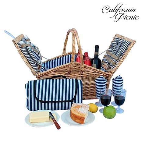Picnic Basket Set for Men and Woman | Wicker Picnic Basket for 4 Person | Waterproof Picnic Blanket Ceramic Plates Metal Flatware Wine Glasses S/P Shakers Bottle Opener Blue Stripe Lining Kids Picnic