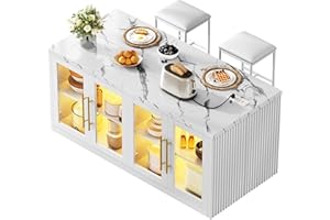 Homiflex Kitchen Island with Storage, 57" W Large Island Table with Seating/LED Light for Dining Room, Kitchen Carts on Wheels Breakfast Bar Table w/Power Outlet, White