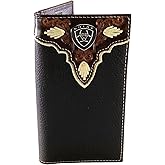 ARIAT Men's Rodeo Wallet, Medium Brown Distressed Leather with Embossed Overlay and Ivory Trim, Silver Logo Concho
