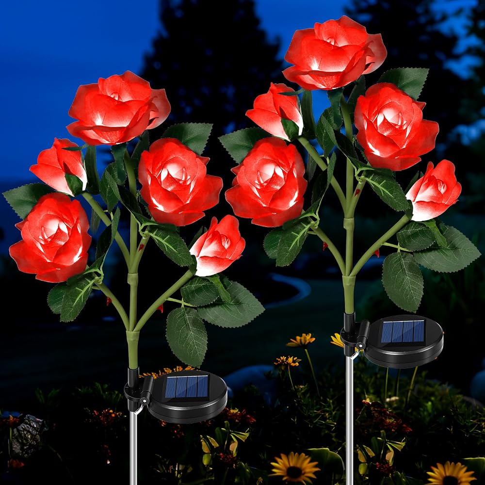 HELESIN Solar Flower Lights 2 Pack Red Rose Garden Stakes IP65 Waterproof
