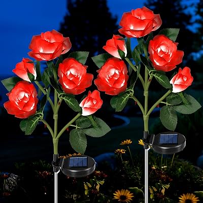 HELESIN Solar Flower Lights 2 Pack Red Rose Garden Stakes IP65 Waterproof