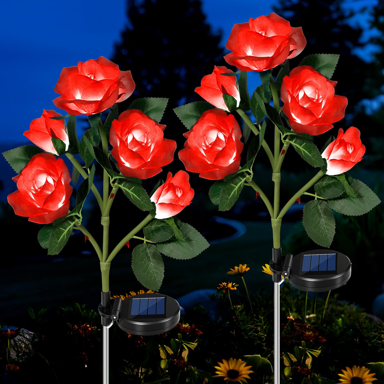 HELESIN Solar Lights Outdoor Garden, 2 Pack Flower Lights Yard Ornaments with 10 Brighter Red Roses, Solar Rose Stake Light s for Garden, Yard, Patio, Pathway, Weddings & Proposals (Red) — image 1
