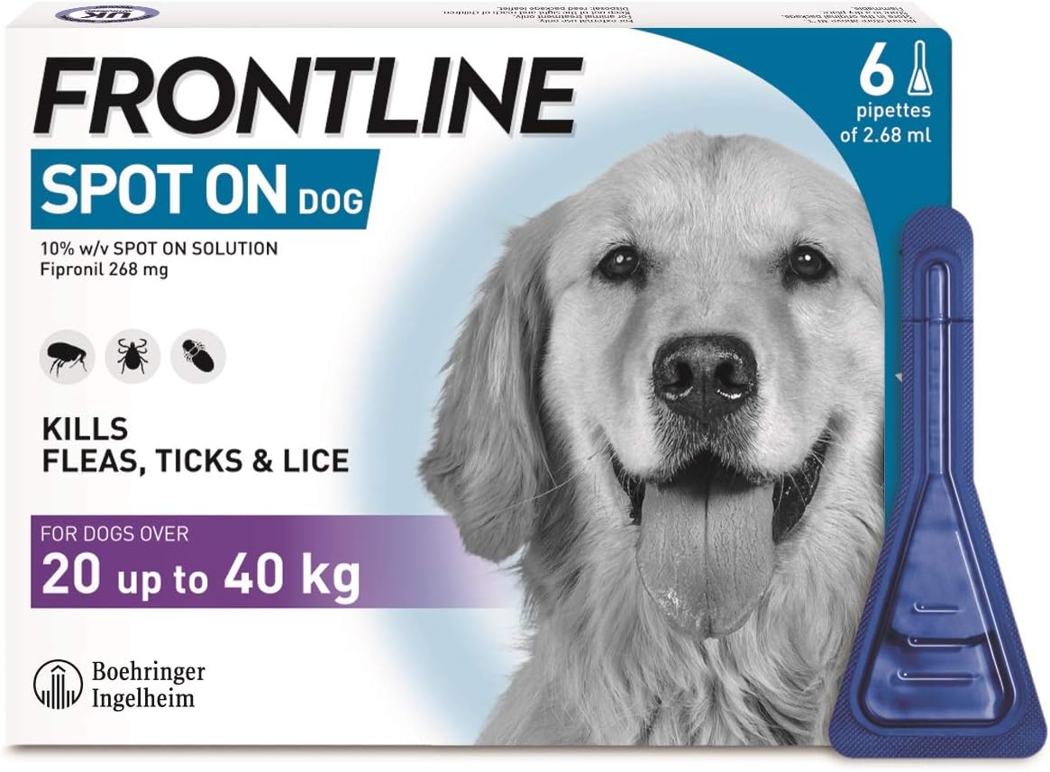 FRONTLINE Spot On Flea & Tick Treatment for Large Dog (20-40kg) 6 Pipettes, Clear, 6 Pipettes Large
